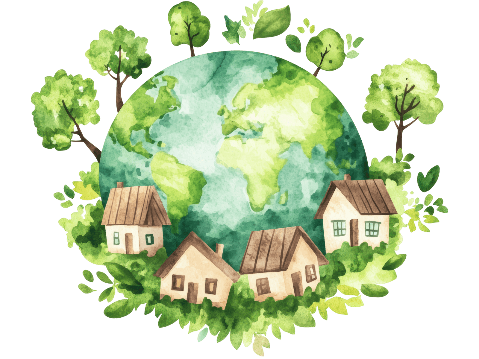 Global sustainability illustration showing a green planet with trees and communities, representing tree planting, reforestation projects, climate action, and measurable impact for individuals and businesses.