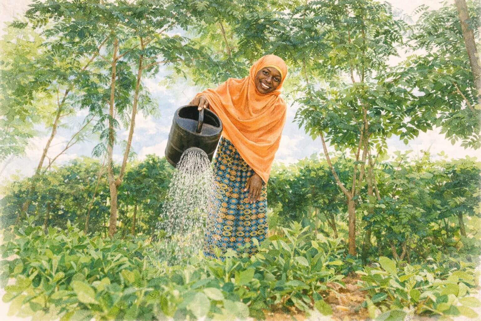 Woman planting a tree in Africa, showing how Bloomy Earth connects individuals and businesses to trusted reforestation projects, empowering local communities with transparent, measurable climate impact.