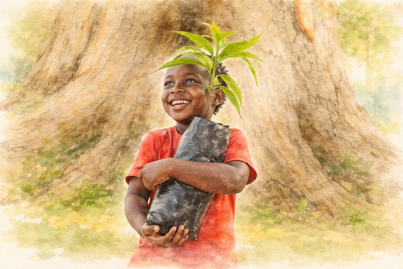 Child in Kenya holding a tree seedling, symbolizing reforestation, trees planted for local communities, and measurable carbon impact through Bloomy Earth for individuals and businesses.