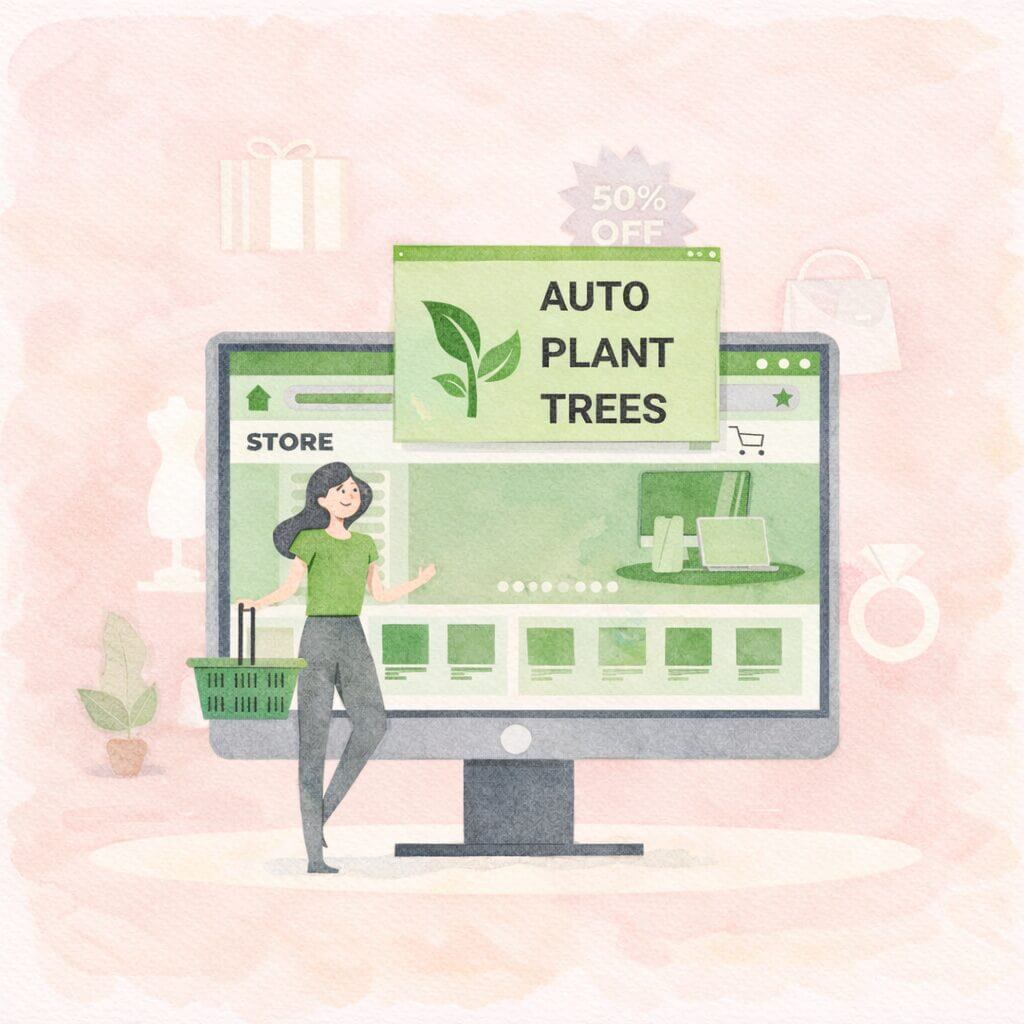 Bloomy E-Commerce image showing automated tree planting for online stores, turning every sale into reforestation with trees planted per product or per order, shareable digital certificates, local community impact, and measurable carbon tracking.