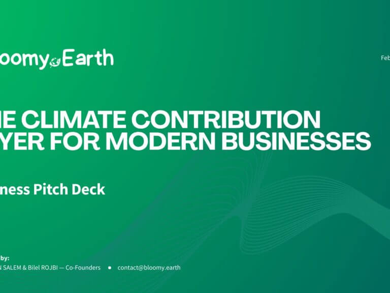 Bloomy Earth pitch deck 2026 cover showing automated tree planting for businesses