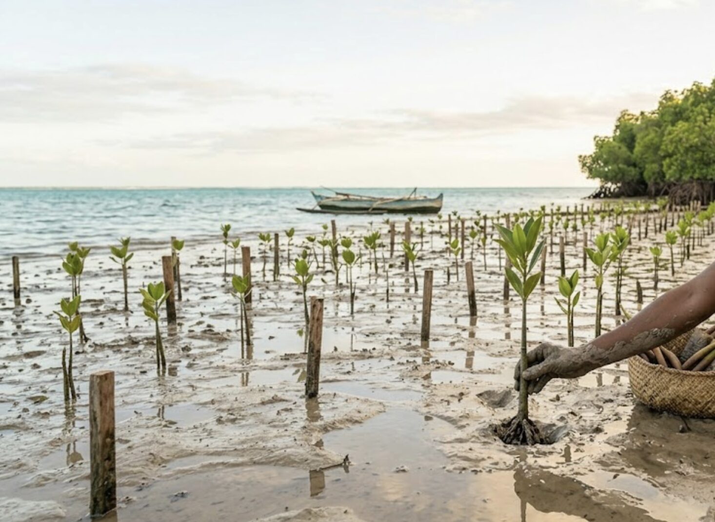 Close-up of a mud-caked arm planting a young mangrove sapling on a coastal tidal flat. Rows of newly established mangrove seedlings with stakes extend across the mud. In the background, a traditional outrigger boat on the calm turquoise sea, and a mature mangrove forest under a sunset sky, representing a blue carbon project.